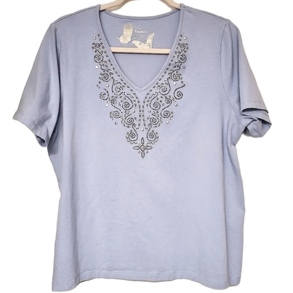 TANJAY V-NECK T-SHIRT BLUE CASUAL EMBELLISHED SHORT SLEEVES STRETCH WOMENS LARGE